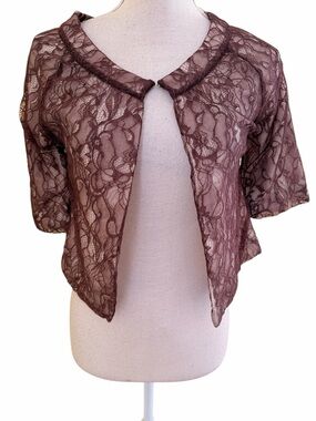 Anthropologie Moth Brown Lace with Knot Lining Short Sleeve Shrug Cardigan S